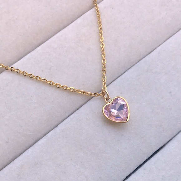 Rose Pink + Gold Crystal Heart Drop Pendant Necklace - Picture 3 of 5